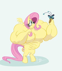 Size: 800x914 | Tagged: safe, artist:dodgyrommer, fluttershy, butterfly, pony, g4, bipedal, buff, gentle giant, muscles, muscleshy, overdeveloped muscles