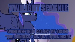 Size: 1136x640 | Tagged: safe, princess luna, g4, image macro, impact font, implied twilight sparkle, luna is not amused, unamused, vice princess luna