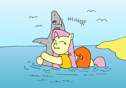 Size: 1719x1206 | Tagged: safe, artist:merkleythedrunken, fluttershy, shark, g4, armband, floaty, hug, inflatable armbands, inner tube, pool toy, swimming, water wings