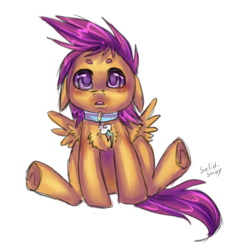 Size: 588x573 | Tagged: safe, artist:php154, scootaloo, g4, collar, cutie mark collar, frog (hoof), simple background, sitting, solo, transparent background, underhoof