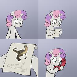 Size: 2000x2000 | Tagged: safe, sweetie belle, dinosaur, velociraptor, g4, blushing, call me for a good time, comic, exploitable meme, jurassic park, jurassic park 3, meme, phone, sweetie's note meme