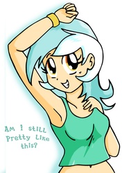Size: 635x900 | Tagged: safe, artist:quarium, lyra heartstrings, human, g4, armpits, belly button, bronybait, clothes, cute, female, humanized, lyrabetes, midriff, short shirt, simple background, smiling, solo, white background