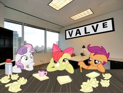 Size: 540x405 | Tagged: safe, apple bloom, scootaloo, sweetie belle, earth pony, pegasus, pony, unicorn, g4, canteen, coffee, cutie mark crusaders, female, filly, foal, notepad, paper, pencil, ponies in real life, table, valve