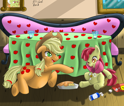 Size: 1400x1200 | Tagged: safe, artist:estaliz, apple bloom, applejack, earth pony, pony, g4, adorafatty, belly button, chubby, chubby bloom, duo, female, filly, food, foodplay, mare, marshmallow, pie, siblings, sisters, table, tablecloth, whipped cream
