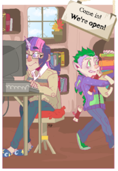 Size: 487x705 | Tagged: safe, artist:stevetwisp, spike, twilight sparkle, ask twily and spike, g4, ask, carrying, clothes, computer, glasses, humanized, library, pile, sweater, thick eyebrows, tumblr nose