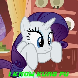 Size: 700x700 | Tagged: safe, edit, edited screencap, screencap, rarity, pony, g4, look before you sleep, bipedal, cropped, cute, female, frown, golden oaks library, kung fu, solo, spooky, the matrix