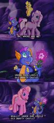 Size: 640x1438 | Tagged: safe, screencap, master kenbroath gilspotten heathspike, pinkie pie (g3), wysteria, zipzee, breezie, g3, the princess promenade, cave, flower, lovely old drafty castle, princess flower, smell, subtitles