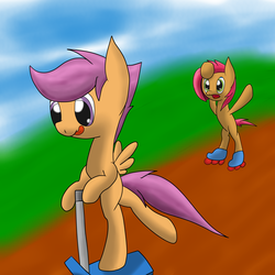 Size: 2600x2600 | Tagged: safe, artist:flashiest lightning, babs seed, scootaloo, g4, cutie mark crusaders, fast, filly, foal, hill, playing, roller skates, scooter