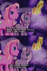 Size: 639x957 | Tagged: safe, screencap, pinkie pie (g3), wysteria, zipzee, breezie, pony, g3, the princess promenade, cave, subtitles