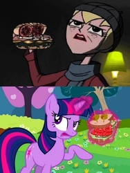 Size: 325x432 | Tagged: safe, screencap, twilight sparkle, a canterlot wedding, g4, comparison, princess ilana, sandwich, sandwich armor, sym-bionic titan, tara strong, voice actor joke