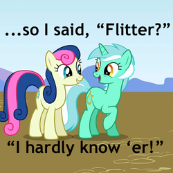 Size: 500x500 | Tagged: safe, edit, edited screencap, screencap, bon bon, lyra heartstrings, sweetie drops, dragonshy, g4, my little pony: friendship is magic, bon bon is amused, caption, cropped, duo, image macro, implied flitter, joke