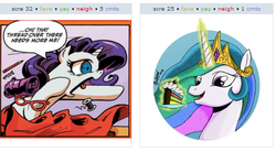 Size: 521x285 | Tagged: safe, artist:superedit, idw, princess celestia, rarity, derpibooru, g4, cake, exploitable meme, juxtaposition, juxtaposition win, meta