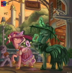 Size: 2014x2044 | Tagged: safe, artist:jowyb, octavia melody, princess cadance, queen chrysalis, alicorn, changeling, earth pony, pony, g4, bipedal, canterlot, clothes, dress, drink, eyes closed, frown, glare, glass, hat, hoof hold, levitation, magic, musical instrument, open mouth, raised hoof, smiling, telekinesis, violin, wine glass