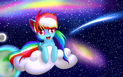 Size: 1900x1200 | Tagged: safe, artist:dawn079, rainbow dash, g4, :d, atmosphere, cloud, colored pupils, cute, ear fluff, folded wings, front view, full body, happy, lying down, moon, on a cloud, open mouth, open smile, prone, shooting star, smiling, solo, space, wings
