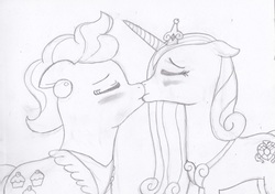Size: 1128x793 | Tagged: safe, artist:sunflare, cup cake, princess cadance, alicorn, earth pony, pony, g4, crack shipping, cupdance, duo, female, kiss on the lips, kissing, lesbian, mare, monochrome, traditional art