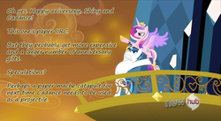 Size: 1400x768 | Tagged: safe, edit, edited screencap, screencap, princess cadance, shining armor, g4, all new, anniversary, epic wife tossing, fastball special, hub logo, insane pony thread, text