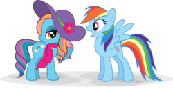Size: 4150x2149 | Tagged: safe, artist:marinapg, rainbow dash, rainbow dash (g3), earth pony, pegasus, pony, g3, g4, duality, duo, duo female, female, hat, mare, rainbow dash always dresses in style, simple background, spread wings, square crossover, sun hat, transparent background, wings