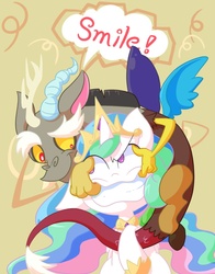Size: 942x1200 | Tagged: safe, artist:nyankamedon, discord, princess celestia, alicorn, draconequus, pony, g4, celestia is not amused, discord being discord, pixiv, smiling, this will end in pain, this will end in petrification