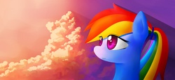Size: 3820x1750 | Tagged: safe, artist:zakayearctos, rainbow dash, pony, g4, alternate hairstyle, cloud, cloudy, female, ponytail, scenery, solo