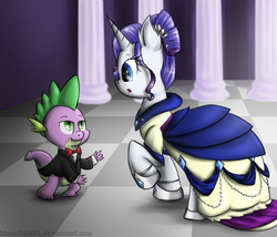 Size: 2574x2200 | Tagged: safe, artist:moonlightfl, rarity, spike, g4, alternate hairstyle, ball, clothes, dress, female, male, ship:sparity, shipping, straight, tuxedo