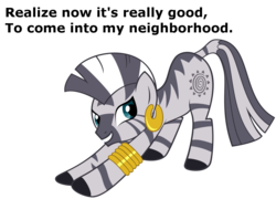 Size: 997x717 | Tagged: safe, zecora, zebra, g4, caption, female, iwtcird, meme, right neighborhood, simple background, solo, stretching, transparent background, wrong neighborhood