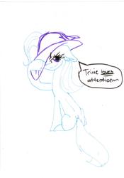 Size: 2464x3510 | Tagged: safe, artist:melon81, trixie, g4, back, clothes, full body, hat, lineart, looking back, rear view, simple background, sitting, solo, speech bubble, trixie's hat, white background