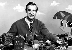 Size: 465x321 | Tagged: safe, edit, twilight sparkle, g4, black and white, grayscale, mister rogers, mister rogers' neighborhood, right neighborhood, twiface, wrong neighborhood