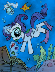 Size: 798x1036 | Tagged: safe, artist:chelseyholeman, opalescence, rarity, fish, g4, colors:crowley, flippers (gear), gem, goggles, scuba diving, scuba gear, swim mask, treasure, treasure chest, underwater