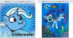 Size: 521x275 | Tagged: safe, rarity, trixie, g4, exploitable meme, juxtaposition, juxtaposition win, spoilered image joke, underwater