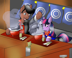 Size: 1809x1469 | Tagged: safe, artist:mangakamen, twilight sparkle, pony, unicorn, g4, blushing, chopsticks, clothes, crossover, gentaro kisaragi, kamen rider, kamen rider fourze, looking at each other, ponified, ramen, school uniform, unicorn twilight