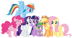 Size: 10000x5302 | Tagged: safe, artist:tzolkine, applejack, fluttershy, pinkie pie, rainbow dash, rarity, spike, twilight sparkle, alicorn, pony, g4, absurd resolution, female, mane seven, mane six, mare, twilight sparkle (alicorn)