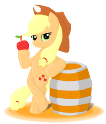 Size: 600x700 | Tagged: safe, artist:ankou, applejack, earth pony, pony, g4, apple, barrel, bipedal, bipedal leaning, female, obligatory apple, pixiv, solo