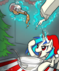 Size: 720x864 | Tagged: safe, artist:hinoraito, dj pon-3, vinyl scratch, pony, g4, bottle, drink, eggnog, female, hat, santa hat, solo