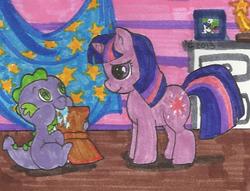 Size: 652x499 | Tagged: safe, artist:gaurdian-of-dreamers, shining armor, spike, twilight sparkle, g4, baby spike, filly twilight sparkle, traditional art