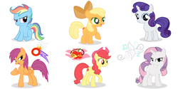 Size: 1000x500 | Tagged: safe, artist:azeixal, apple bloom, applejack, rainbow dash, rarity, scootaloo, sweetie belle, g4, age swap, cutie mark crusaders, palette swap, role reversal, wrong mane