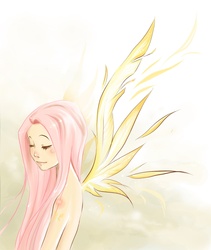 Size: 1280x1515 | Tagged: safe, artist:paulina-ap, fluttershy, fairy, human, g4, blushing, eyes closed, feather, female, humanized, nudity, smiling, solo, winged humanization, wings