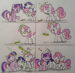 Size: 1826x1768 | Tagged: safe, artist:mrhaliboot, rarity, sweetie belle, twilight sparkle, alicorn, pony, g4, comic, female, mare, pencil, pencil drawing, traditional art, twilight sparkle (alicorn)