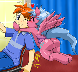 Size: 991x917 | Tagged: safe, artist:monkeyxflash, danny williams, firefly, human, pegasus, pony, g1, anatomically incorrect, butt, cheek kiss, firedanny, heart, hug, incorrect leg anatomy, interspecies, kissing, plot, tail bow