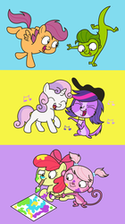 Size: 900x1612 | Tagged: dead source, safe, artist:kukimao, apple bloom, scootaloo, sweetie belle, dog, earth pony, gecko, monkey, pegasus, pony, unicorn, g4, apple bloom's bow, beret, bow, crossover, dancing, eyes closed, female, filly, foal, hair bow, hat, littlest pet shop, male, minka mark, music notes, open mouth, open smile, paintbrush, painting, pigtails, singing, smiling, vinnie terrio, zoe trent