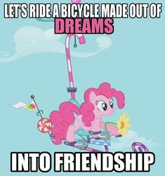 Size: 458x487 | Tagged: safe, edit, edited screencap, screencap, pinkie pie, g4, griffon the brush off, my little pony: friendship is magic, flying, flying contraption, image macro, impact font, pink text