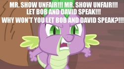 Size: 1536x857 | Tagged: safe, spike, g4, drama, meme, mr show with bob and david, protesters, spike drama