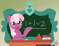Size: 1900x1500 | Tagged: safe, artist:bronyfang, cheerilee, earth pony, pony, g4, apple, book, captain obvious, chalk, chalkboard, classroom, desk, female, mare, math, ponyville schoolhouse, school, solo