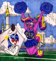 Size: 1698x1854 | Tagged: safe, artist:newyorkx3, princess cadance, shining armor, anthro, plantigrade anthro, g4, american football, armpits, canterlot, cheerleader, distracted by the sexy, traditional art