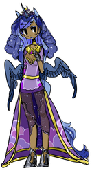 Size: 600x1118 | Tagged: safe, artist:costly, princess luna, human, g4, clothes, coronation dress, dress, eared humanization, female, horn, horned humanization, humanized, simple background, skinny, solo, tailed humanization, thin, winged humanization