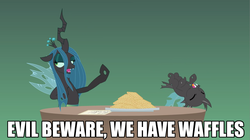 Size: 1281x718 | Tagged: safe, queen chrysalis, changeling, changeling queen, g4, image macro, teen titans, waffle, youtube link