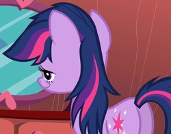 Size: 1097x854 | Tagged: safe, screencap, twilight sparkle, pony, unicorn, bridle gossip, g4, bed mane, butt, female, mirror, plot, solo, twibutt, unicorn twilight