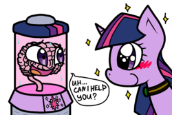 Size: 900x600 | Tagged: safe, artist:alittleofsomething, twilight sparkle, pony, ask brainy twilight, g4, blushing, brain, brain in a jar, brainy twilight, collar, disembodied brain, mute, self ponidox, simple background, smiling, sweat, want, white background