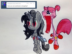 Size: 1280x960 | Tagged: safe, artist:adurot, oc, oc only, changeling, pony, ask-pony-kirby, imminent vore, red changeling