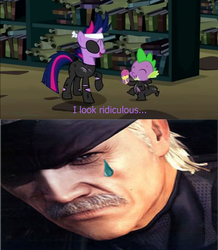 Size: 994x1138 | Tagged: safe, edit, edited screencap, screencap, spike, twilight sparkle, g4, it's about time, catsuit, eyepatch, food, future twilight, ice cream, konami, metal gear, metal gear solid, metal gear solid 4, old snake, purple text, sad, solid snake