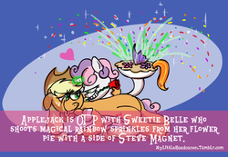 Size: 500x345 | Tagged: safe, artist:brutamod, applejack, steven magnet, sweetie belle, earth pony, pony, unicorn, mylittleheadcanon, g4, clearly satire, exploitable meme, female, filly, flower, headcanon, magic, mare, mouth hold, otp, parody, pie, rose, satire, sweetiejack